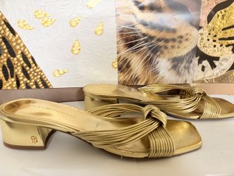 Tommy Hilfiger Gold Metallic Knotted Strap Block Heel Sandals Size 10M