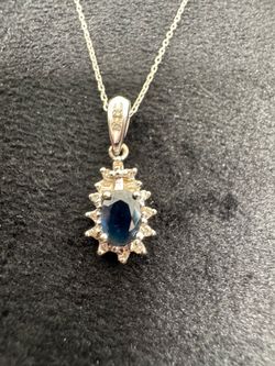 Vintage 14K 585 White Gold Natural Sapphire Diamond Pendant Necklace Chain 16"