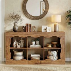 63 Inches Farmhouse Console Table, Wooden Entryway Table With 6 Storage Cubes, Sofa Table Behind The Couch For Entrance, Hallway, Living Room  This 11
