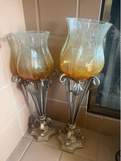 Vintage Hollywood Regency Crackle Glass Hurricane Candle Holders - Pair of Gold & Amber Shabby Chic Floral Pedestal Floor Sconces