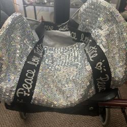 TOTE BAG SILVER SEQUINS PEACE LOVE JUSTICE 