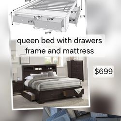 Queen bed with drawers and mattress frame only 699