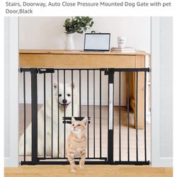 Baby Gate with Cat Door, 29-46" Wide Metal Safety Dog Gate for Stairs, Doorway, Auto Close Pressure Mounted Dog Gate with pet Door
