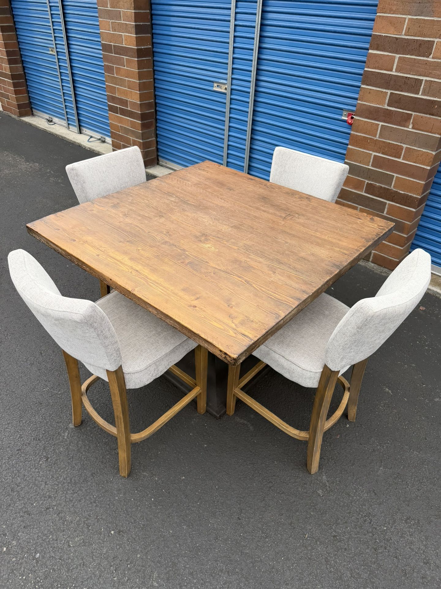 Rustic High Square Table Set with 4 Upholstered Bar Chairs – Solid Wood Top & Heavy Base