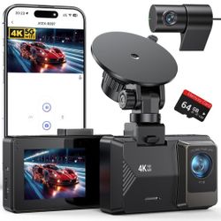 Dash Cam Front Rear, 4K/1080P Dual Channel Dash Cams with 64GB Card, Dash Camera for Cars with 5GHz WiFi, APP Control,2.0" IPS Screen,Night Vision,G-S