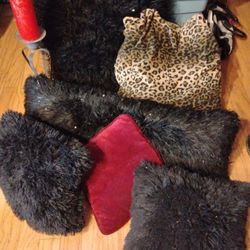 4 Faux Fur Shag, 1 Red And 1 Leopard Velvet Pillows W 2.5 Tall Metal Candle Holder 