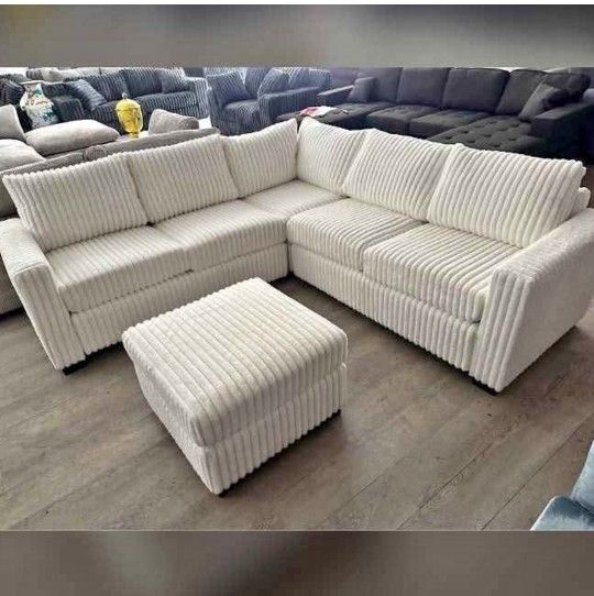 White Jumbo Corduroy Sectional Sofa With Ottoman 92x92"