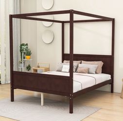 NEW Pine Wood Canopy Bed Queen Size Canopy Platform Bed with Headboard and Footboard