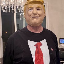 Donald Trump latex mask and long sleeve presidential shirt