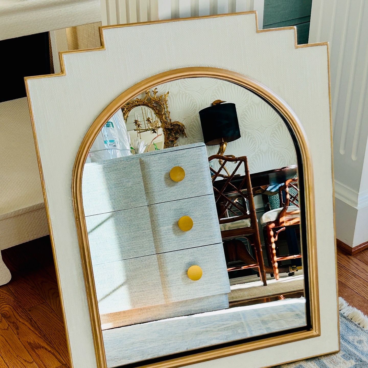White & Gold Grasscloth Mirror