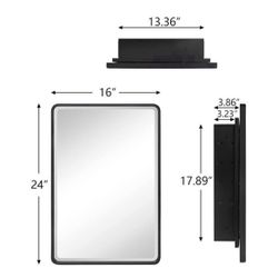 TEHOME Farmhouse Chrome Metal Framed Recessed Bathroom Medicine Cabinet with Mirror Rounded Rectangle Medicine Cabinet with Beveled Mirror, 16x24''