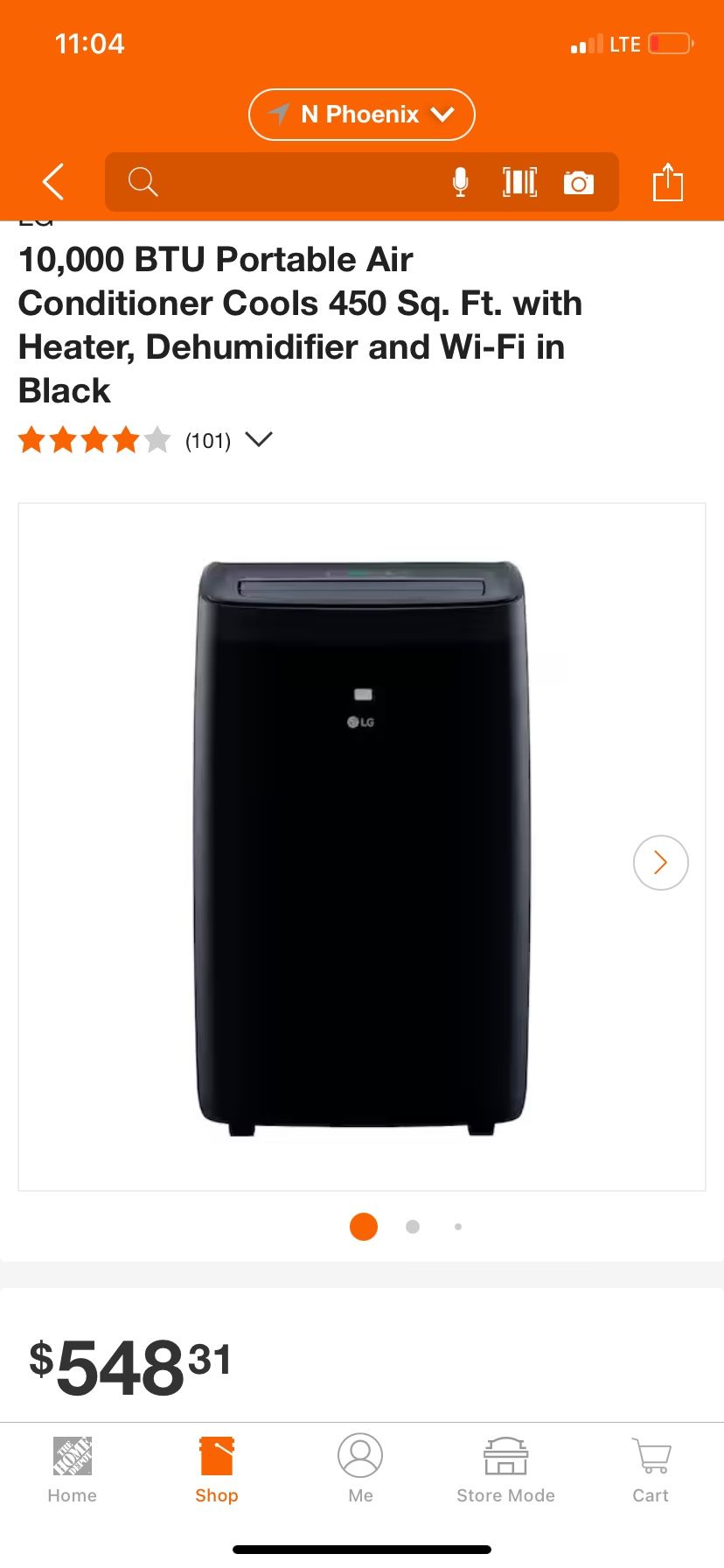 LG 10,000 BTU Portable Air Conditioner Cools 450 Sq. Ft. with Heater, Dehumidifier and Wi-Fi in Black