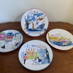 Set of 4 Rosanna Art CIB 8" Salad Dessert Plates ~ New York London Venice Paris ~ w/ Original Box