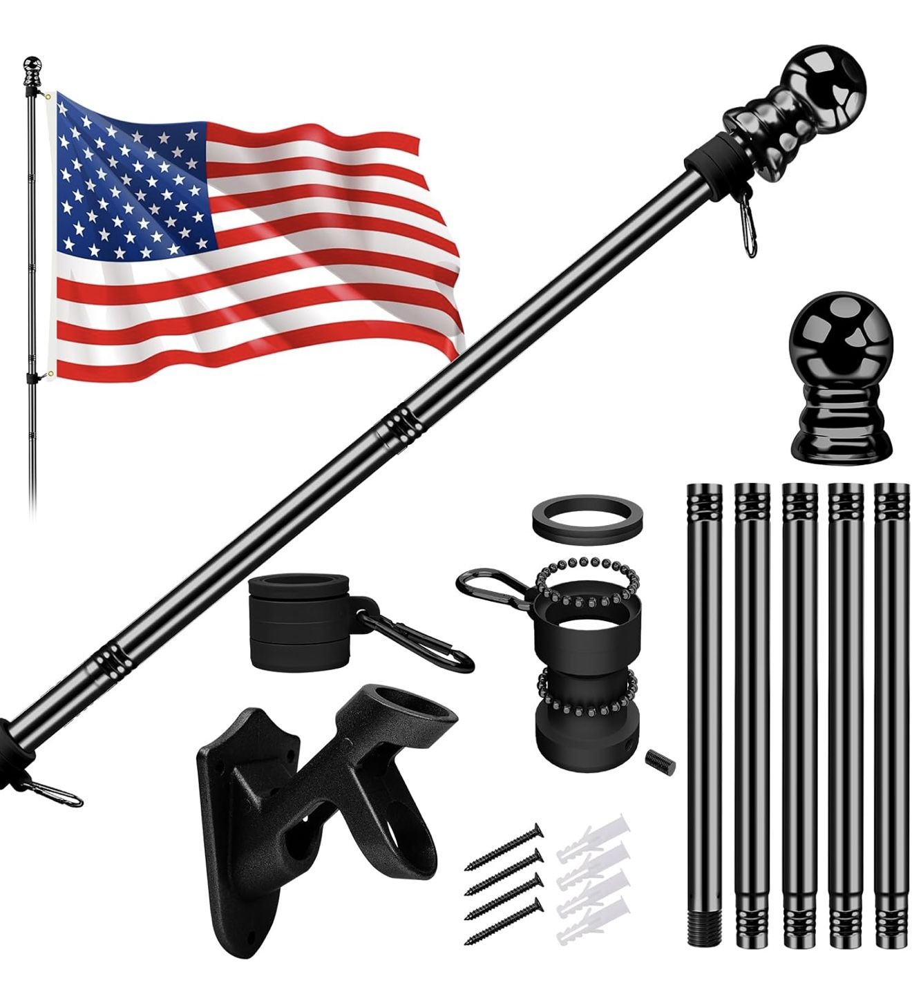 American Flag with Pole for House Outside, Including 5Ft Heavy Duty Flag Aluminum Poles Kit and 100% Polyester 3x5 ft US Flag, No Tangle Spinning Pole