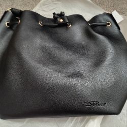 BELLA RUSSO Black Pebbled Drawstring Women Bucket Handbag with wristlet