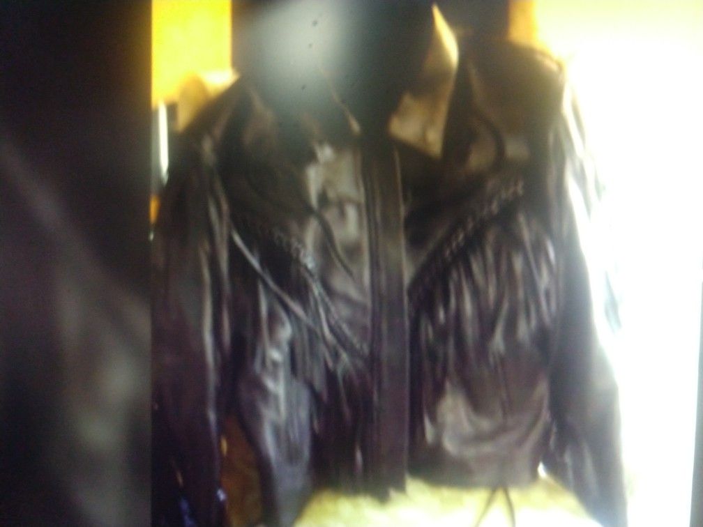 Leather Fringe Jacket With Rose On Back Unisex