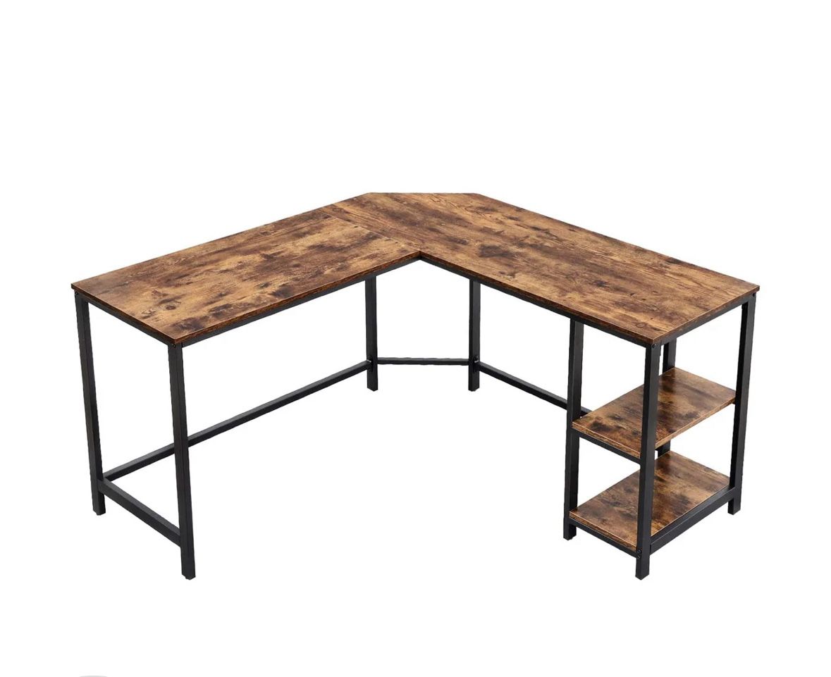 L Shape Wood and Metal Frame Computer Desk with 2 Shelves, Brown and Black
