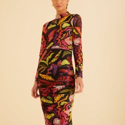 FARM Rio Vibrant Tropical Print Multicolor Tulle Mock Neck Midi Dress Size M