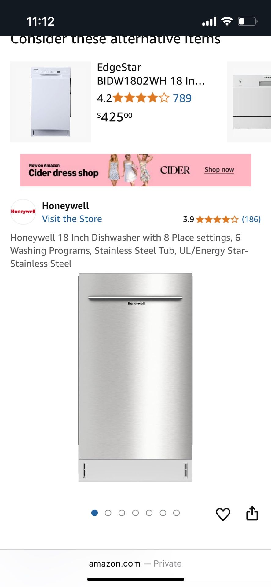 BRAND NEW -Honeywell 18inch Dishwasher