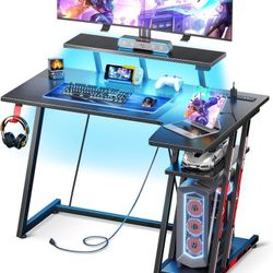 MOTPK Small Gaming Desk with LED Lights & Power Outlets,