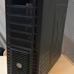 Cooler Master HAF 932 Full Tower PC Case Legendary Airflow, currently sitting on caster wheels