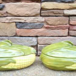 Vintage Ceramic Corn Covered Casserole Dishes 
