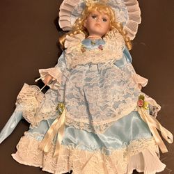 Beautiful Vintage Light blue and white lace porcelain doll