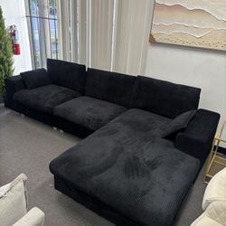 New 113” Black Corduroy Fabric Sectional Sofa L-Shape Sofa