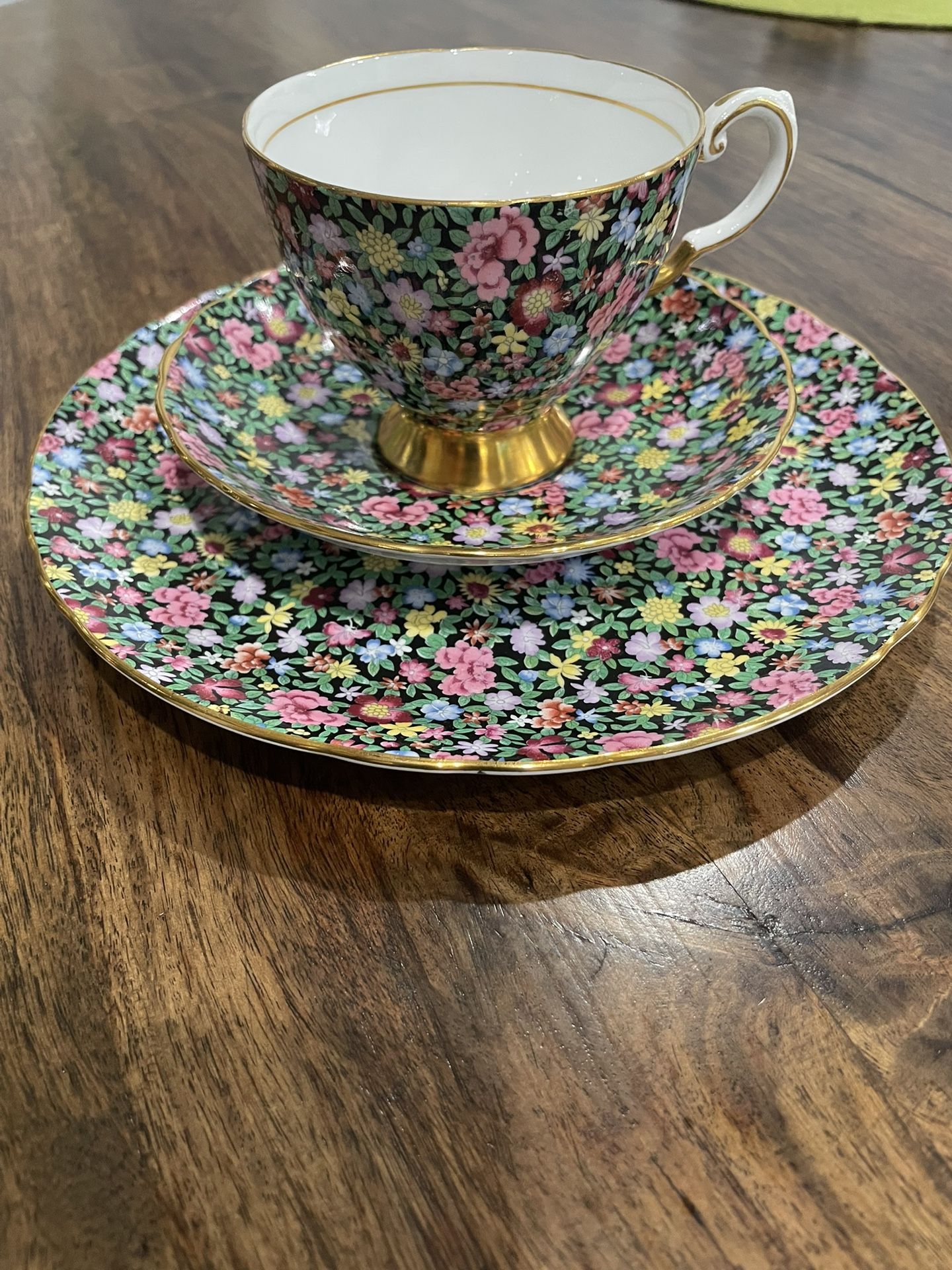 TUSCAN England Bone China MILLE FLEURS Black Chintz Set Footed Cup, Saucer and Plate