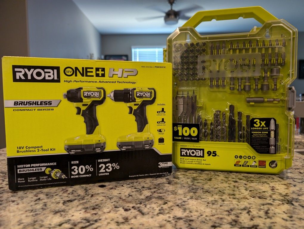 Ryobi Brushless Drill/Driver Kit + 95pc Bit Set