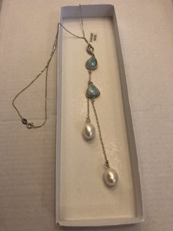 Larimar & baroque pearls pendant necklace 16’