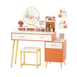 45 Inches Vanity Desk with Lights, Bright Color Makeup Vanity Table Set with Mirror, Large Dressing Table with Stool for Bedroom, Bathroom, Small Spac
