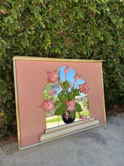 Vintage Jon Gilmore Wall Art, 80's 90s Art Deco Mirror Vase with Flowers Shadow Box, Pink Gold and White