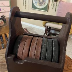 Vintage OUTDOOR Shuffleboard Discs w/Handmade Wooden Carrier