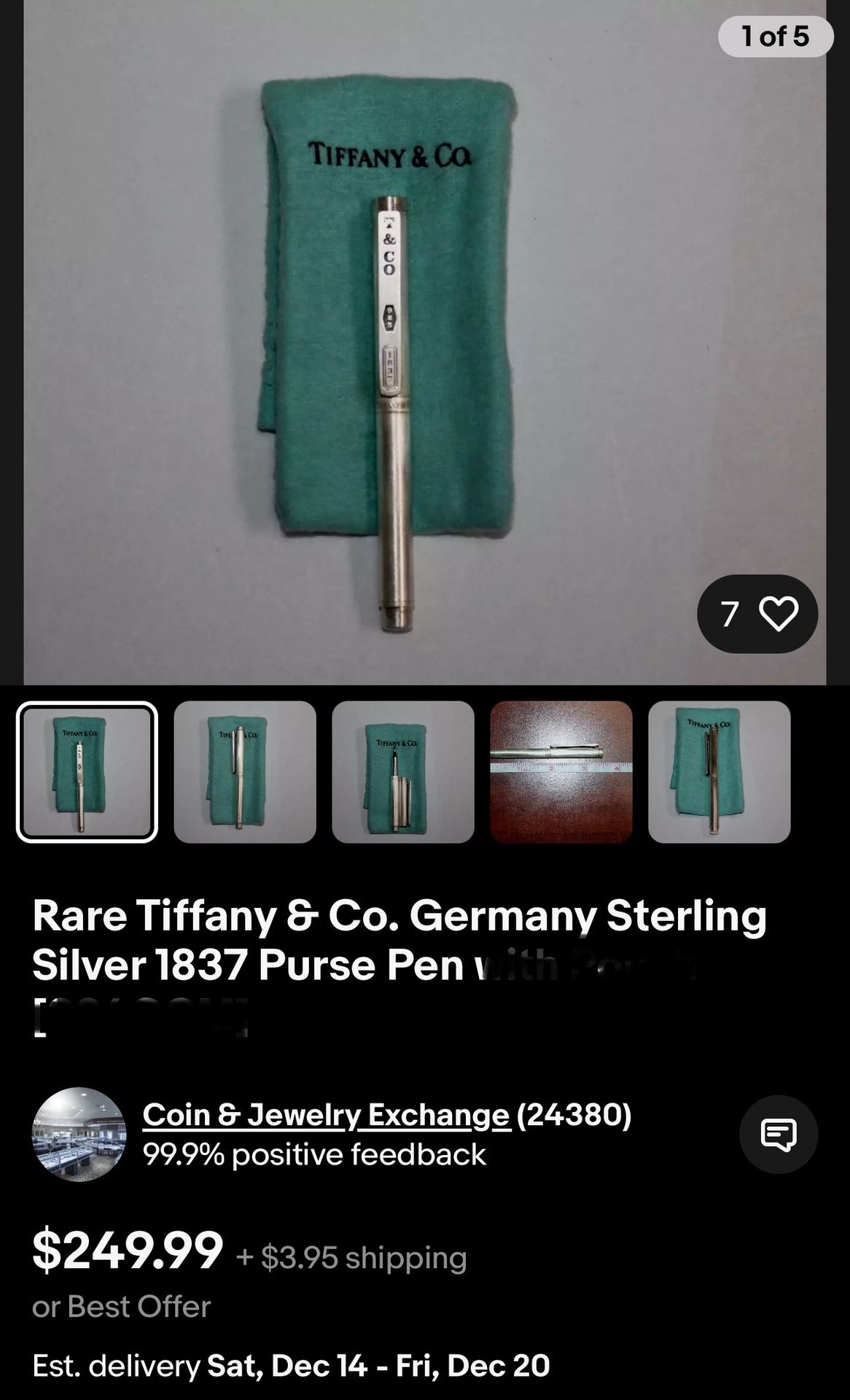 Rare Tiffany & Co. Germany Sterling Silver 1837 Purse Pen with Pouch