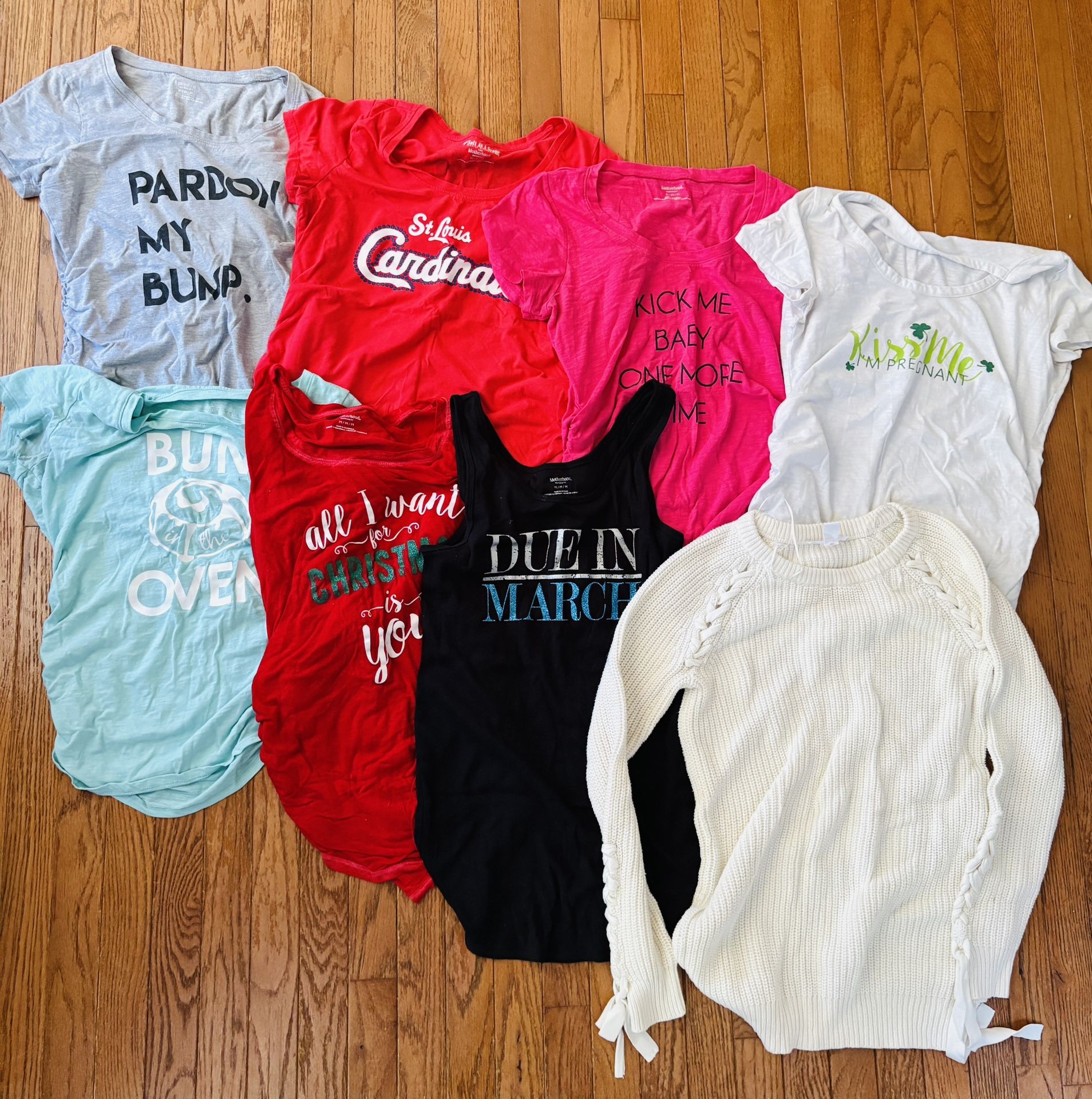 8 Pack Motherhood Maternity Medium Assorted Maternity Shirts & Sweater; Multiple Colors, Sleeve Lengths, Themes, & Designs