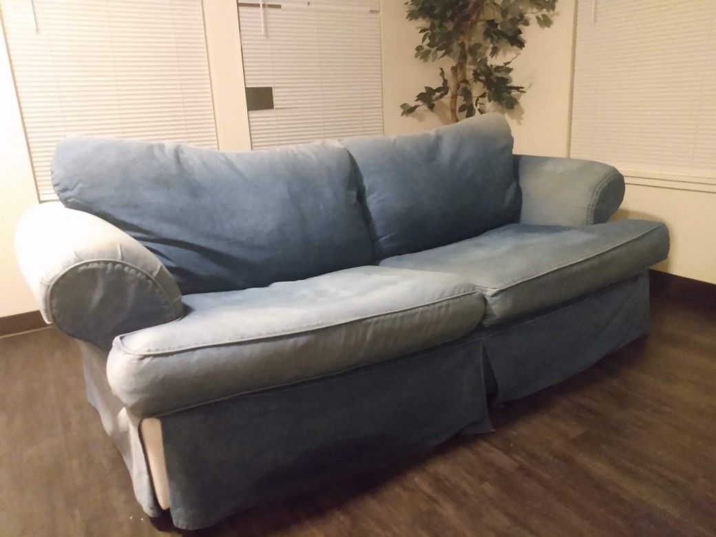 Denim Sofa + Black Armoire + 2 Armless Sitting Chairs