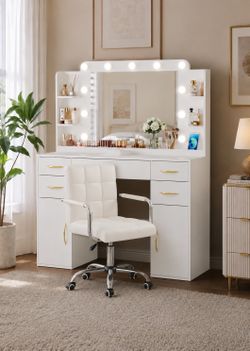 Modern white vanity set with chair