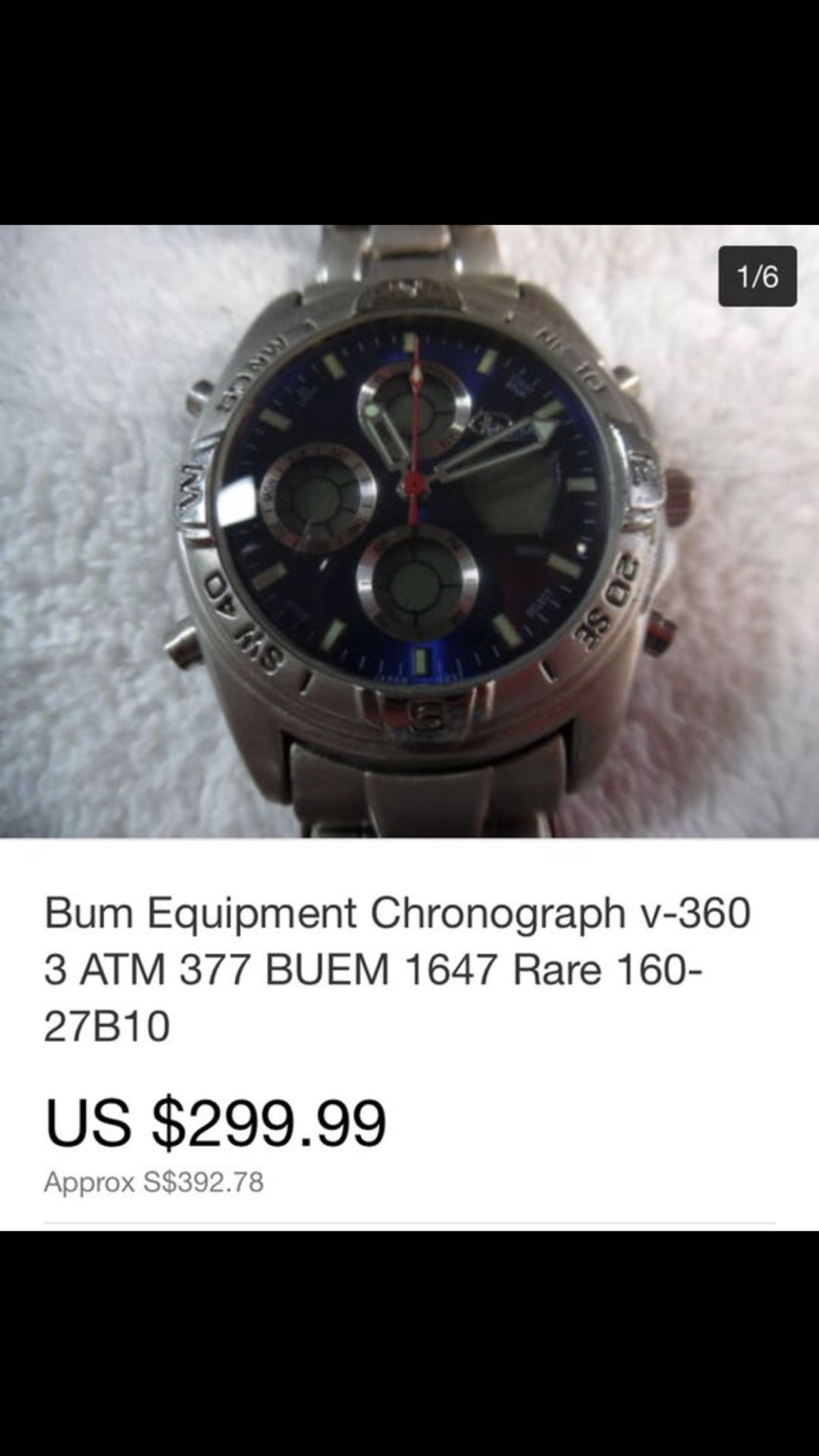 Bum Equipment Chronograph v-360 3 ATM 377 BUEM 1647 Rare 160-27B10