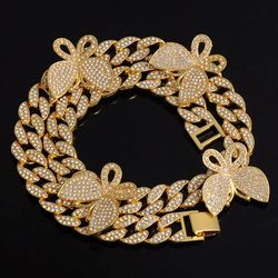 ⭐✨⭐12mm Hip-hop Luxury Iced Out Bling 4 PCs Butterfly 18K Gold Cuban Chain Necklace 20"

