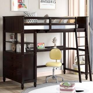 NEW Espresso Twin Size Wood Loft Bed with Desk, Shelves and Drawers