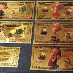 5 New Charlie Brown And Snoopy Gold Foil Novelty Bills 