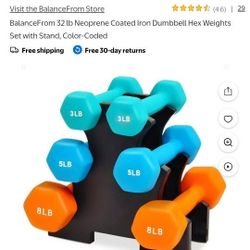 BalanceFrom 32 lb Neoprene Coated Iron Dumbbell Hex Weights Set with Stand, Color-Coded Brand New In The Box 