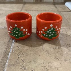 Vintage Waechtersbach Germany Christmas Tree Pair Of Candle Holder - Red w/ Green Trees