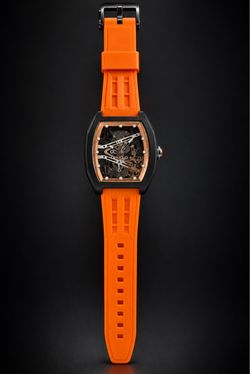 Skeleton Dial Tonneau Watch Orange Rubber Strap