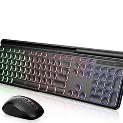 Backlit 2.4G Wireless Keyboard and Mouse Combo, Illuminated Full-Sized Rechargeable Keyboard & Silent Mouse Set with Rainbow Lighting & Integrated Cra