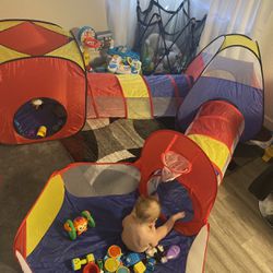 3 piece play tunnel/tent plus 2 ball pit play areas with basketball hoop and ball slide
