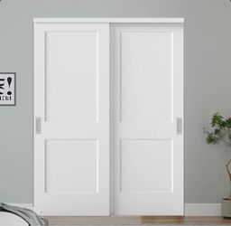 Brand New 60"X80" Flat 2-Panel Smooth White Primed Molded Sliding Closet Doors With Installation Hardware Kit and Satin Nickel Flush Pull