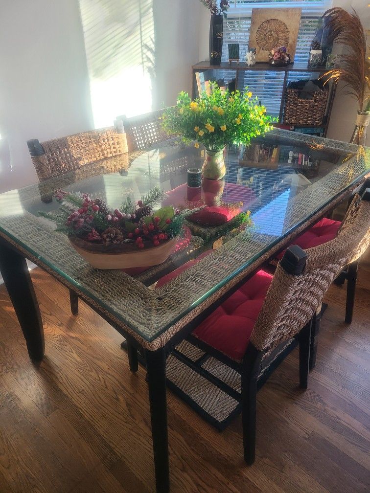 Rattan Wooden Dining Table Set With 4 Chairs 