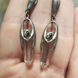 Sterling Silver, Crystal, Ying Yang, Hands Earrings.